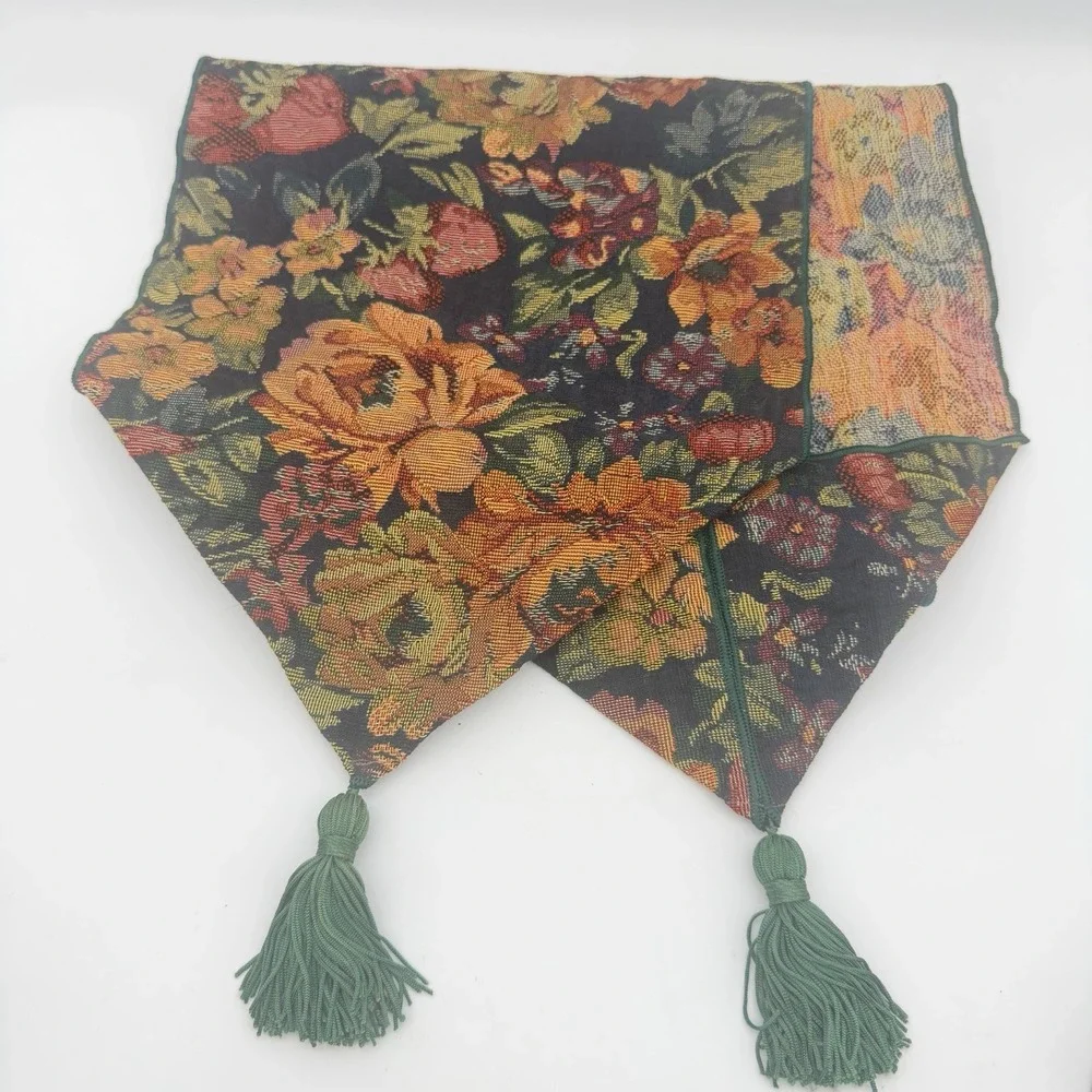 Vintage Tapestry Table Runner Tassels Floral 13
